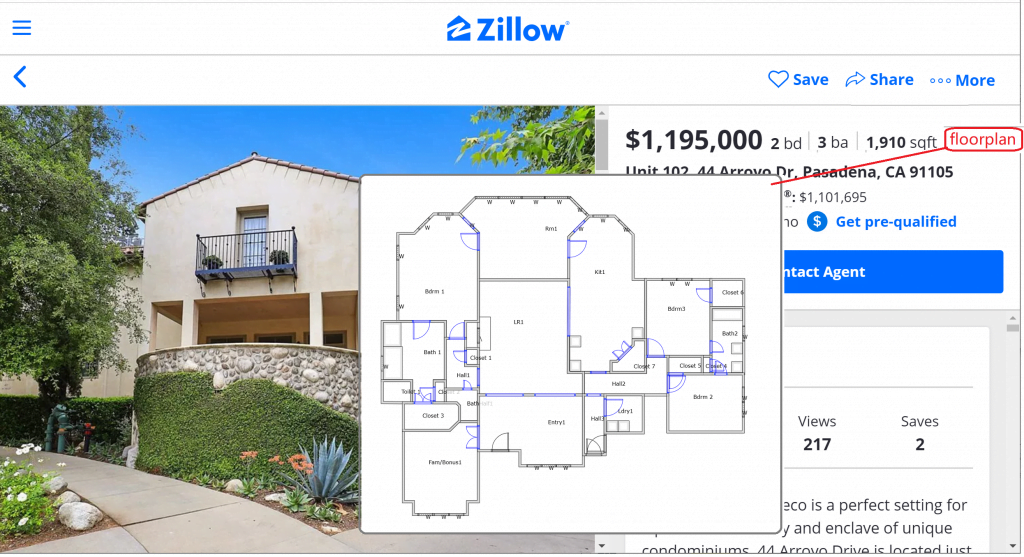 Zillow listing with a floor plan